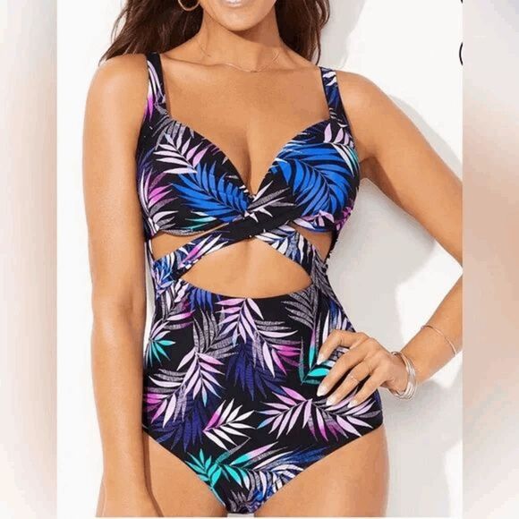 Swimsuits For All Black Pink Blue Tropical Leaf Print One Piece Monokini Size 14 - Picture 8 of 8